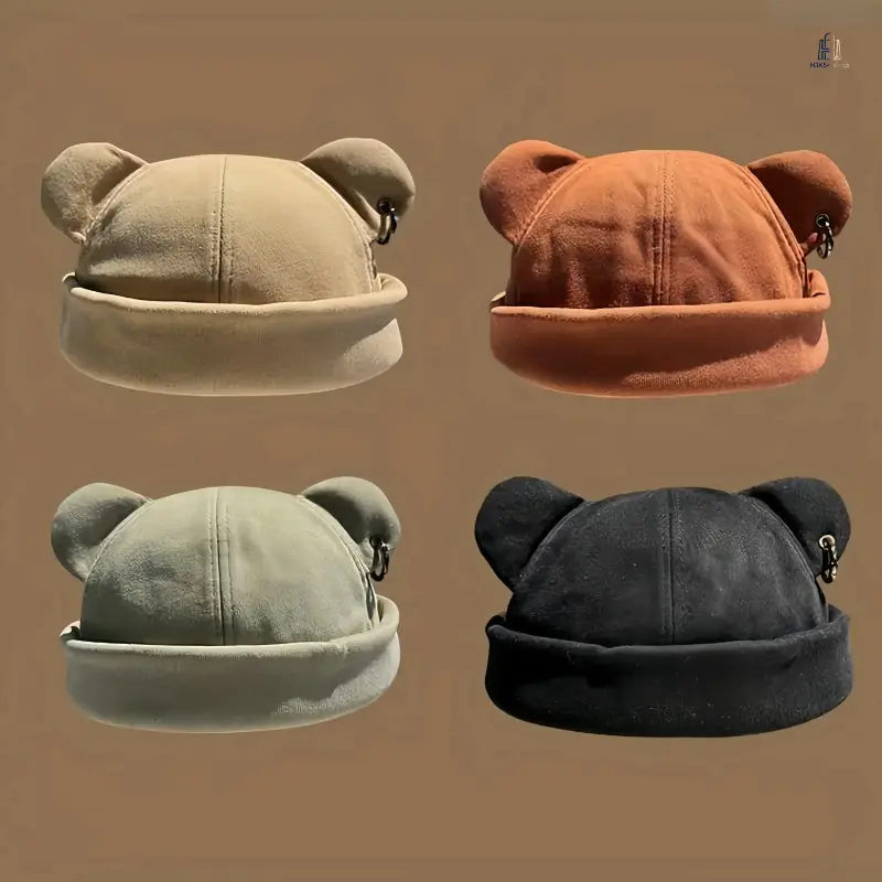 Unisex Bear Ear Brimless Cap with Rolled Cuff, Machine Washable Hat, One Size Fits Most Head Circumferences, Ideal for Daily Errands, Sports and Casual Outdoor Outings