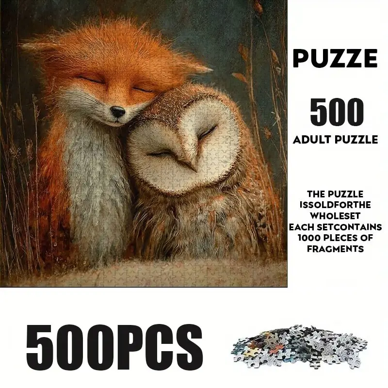 500 Piece Fox and Owl Puzzle, Large Adult Family Interactive Toy, DIY Home Decor Brain Challenge, Holiday Theme, Durable Puzzle