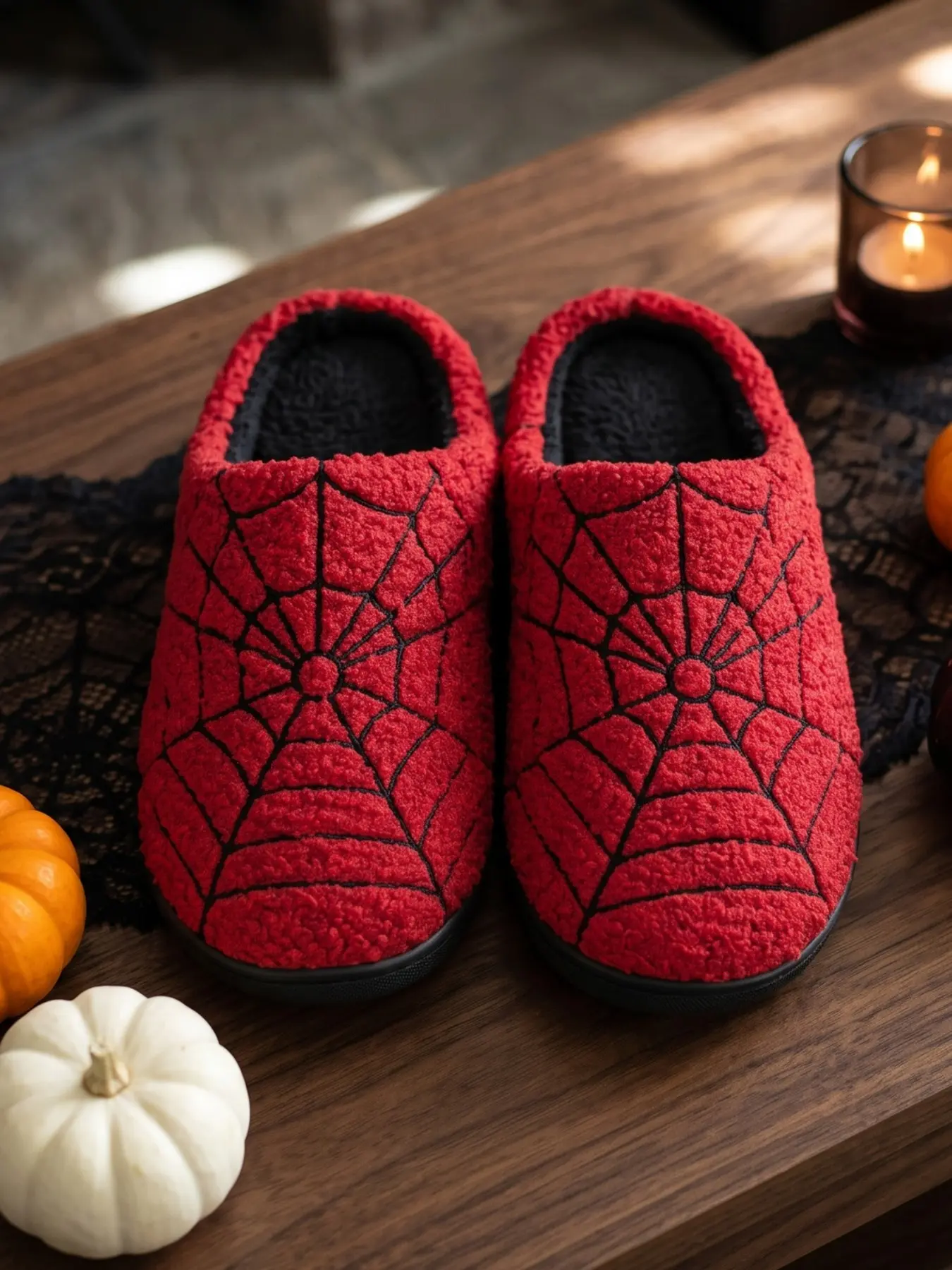 Halloween Plush Spider Web Slippers, Unisex Fall Winter Home Shoes, Embroidered Teddy Fleece, Silent Non-Slip, Indoor Outdoor Use