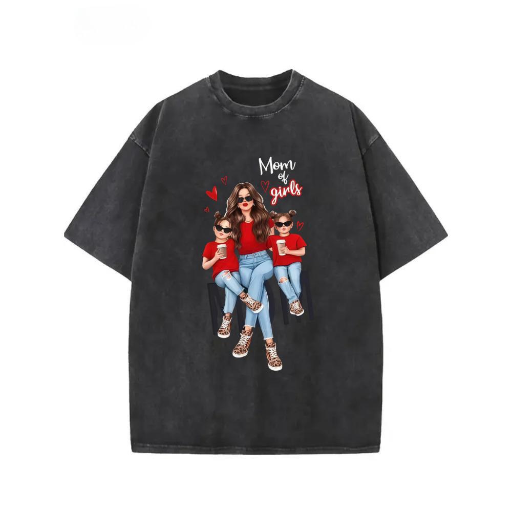 Short Sleeve  T-Shirt Mom of Girls Cartoon Printed T-Shirt, Y2K Style, Short Sleeve, Crew Neck, Mother'S Day Gift