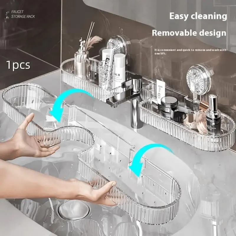 1pc 2025 Upgraded Suction Cup Sink Organizer, Rustproof Wall-Mounted Shelf with Quick-Dry Hooks, Space-Saving Shelves for Vanity/Bathroom Home Supplies