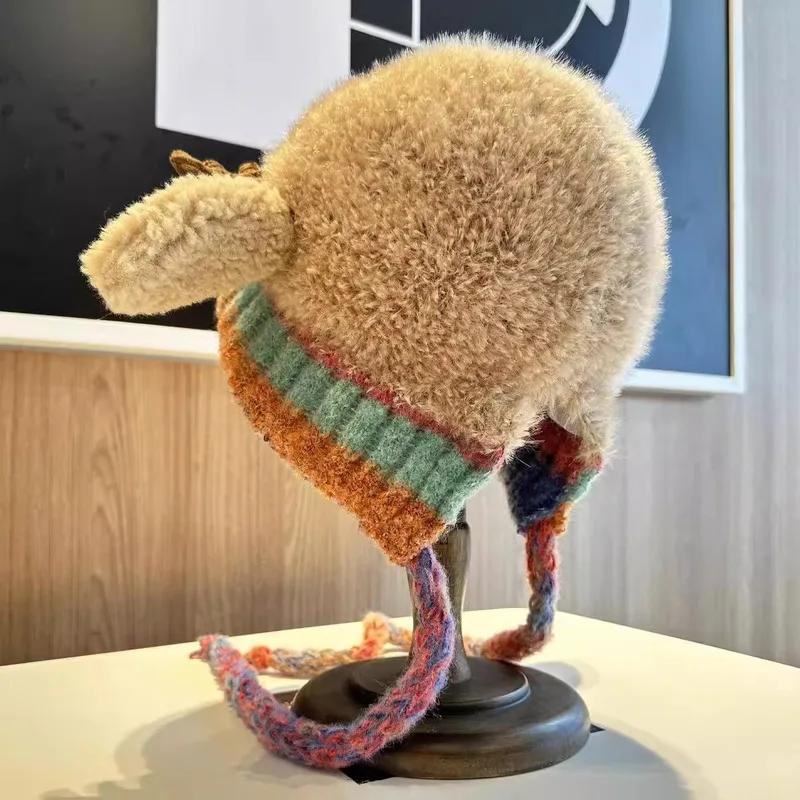 Cute Christmas Antlers Plush Hat for Autumn Winter Warmth Machine Washable Ear Protectors Knitted Wool Lei Feng Adjustable 53-58cm  Christmas gift surprise