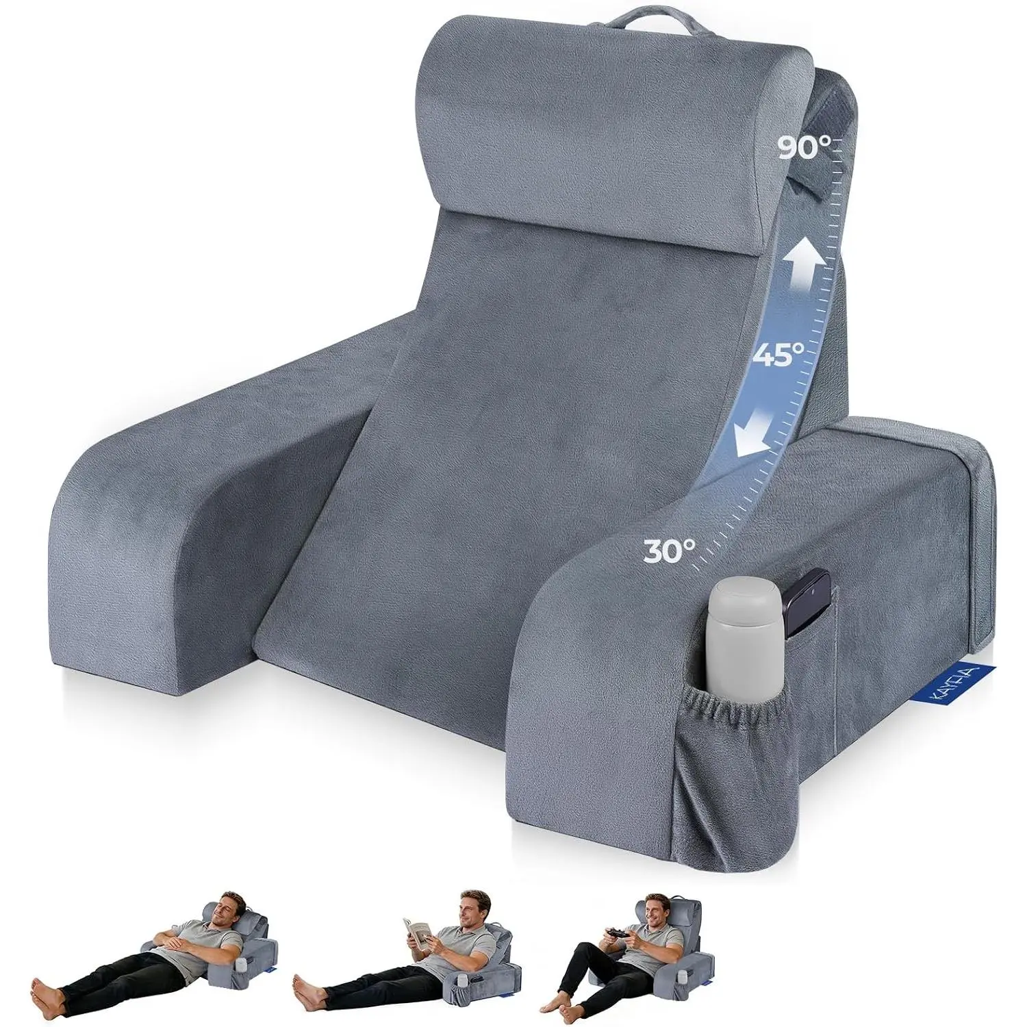 Reading Pillow with 30-90° Stepless Adjustable Angle & Height 2 in 1 Back Wedge Pillow for Bed Sitting Up with Detachable Arms Rest Backrest Pillow for Reading Gaming Working in Bed or Couch Large