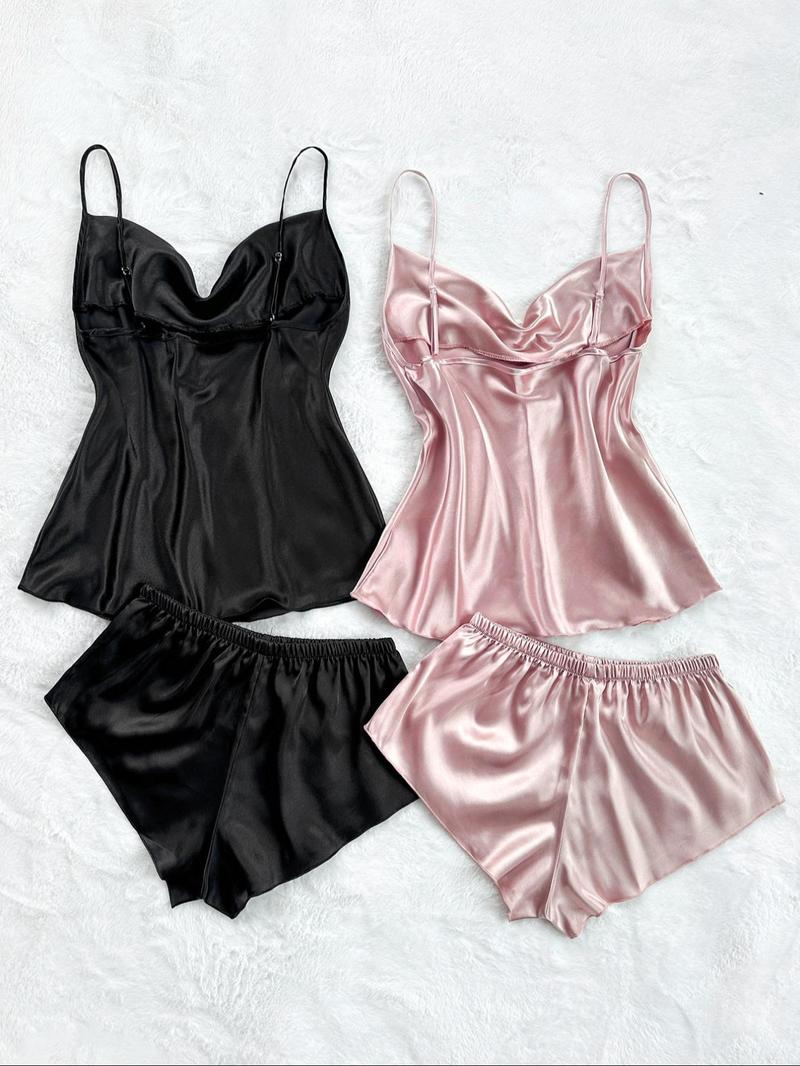 Four-Piece Set Women's Solid Draped Pyjama Set, Casual Spaghetti Strap Cami Top & Shorts, Comfy Loungewear Set for Women Lingerie
