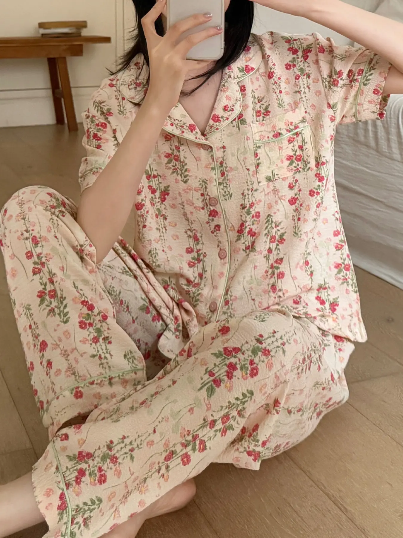 Women's Plant Print Floral Pajama Set Pjs, Open Front Sleepwear, Short Sleeve Comfortable Home, Elegant Loose-Fitting Ankle-Length Clothing