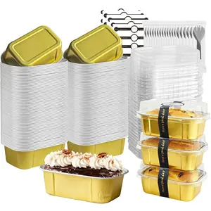 mini loaf pans with lids and spoons 50 Pack 5.5 oz Rectangle mini individual cake tins Disposable Small Aluminum Foil Baking pans Gold