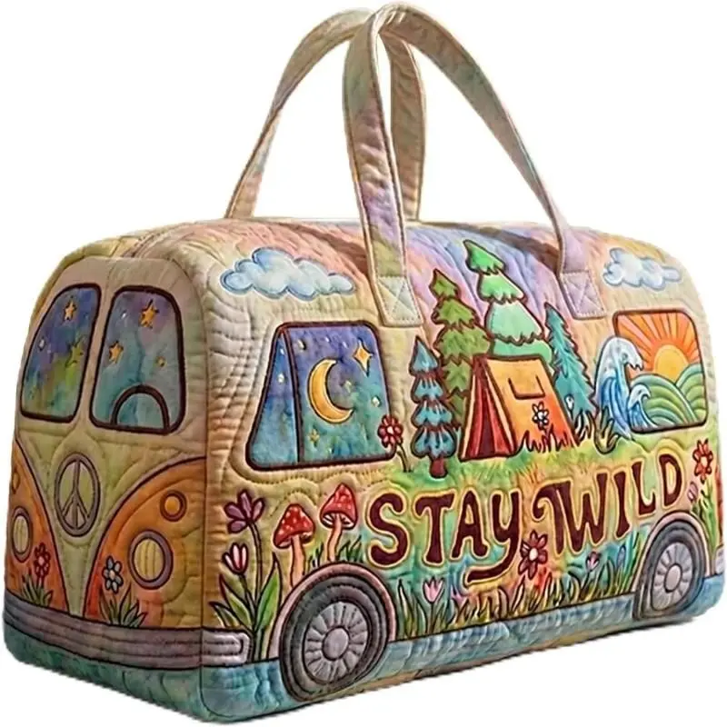 Unisex Boho Quilted Weekender Duffel Bag, STAY WILD Retro Camper Travel Duffle, travel duffle bags, Lightweight Hippie Mushroom Camping Tote Bag for Road Trip Holiday