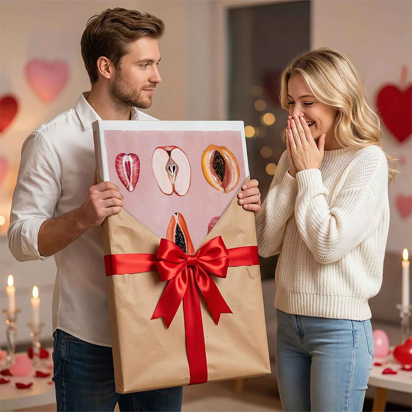 Abstract Fruit Body Positive Watercolor Canvas Wall Art, Funny Vulgar Fruit Print, Aesthetic Bathroom/Boho Wall Decor, Unique Feminist Art Poster Gift for Her