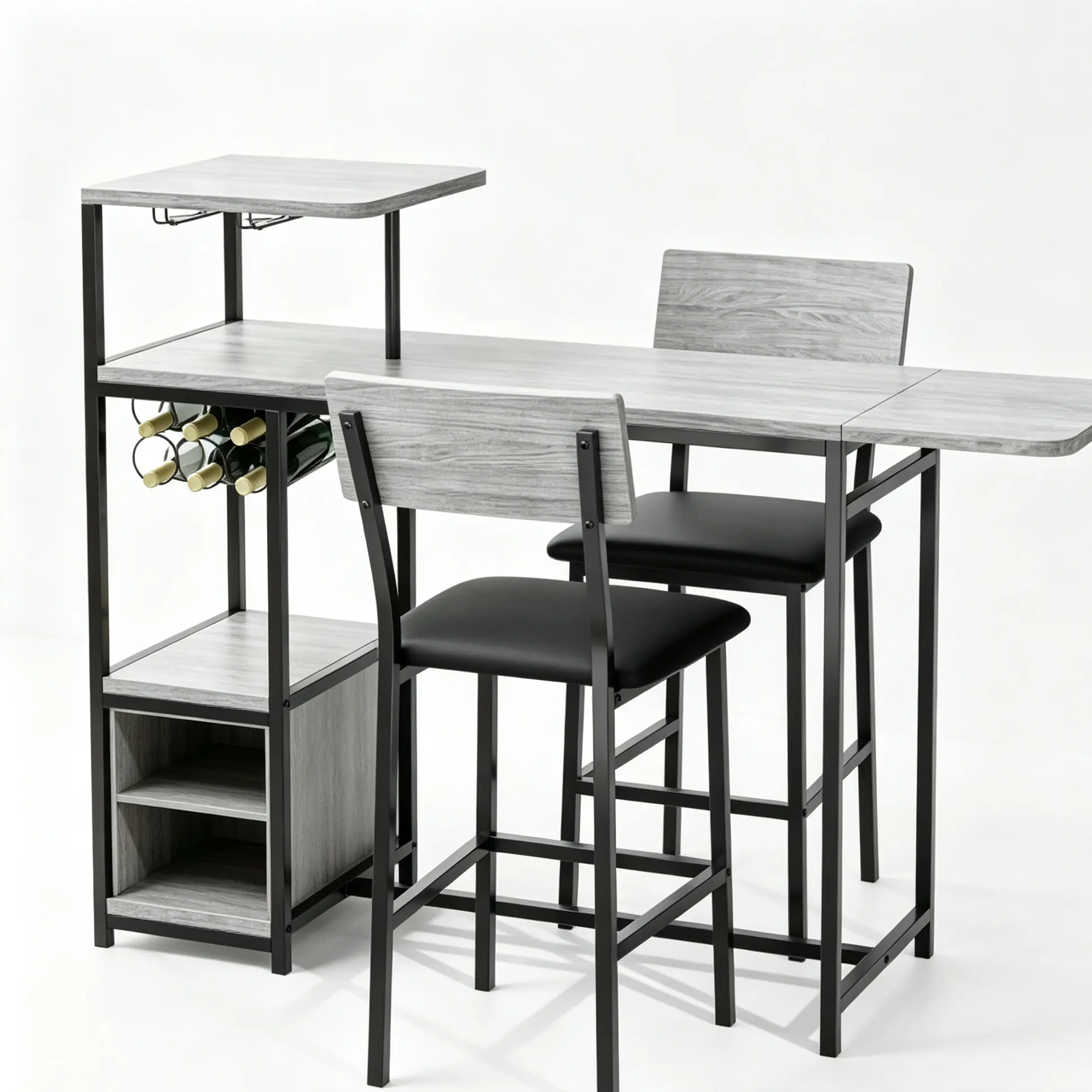 3PCS Modern Rectangular Counter Height Bar Table Set with 2 Counter Height Stools, Expandable Kitchen Dining Table, Built-in Storage Shelf, Wine Rack, Metal Frame for Modern Home Decor