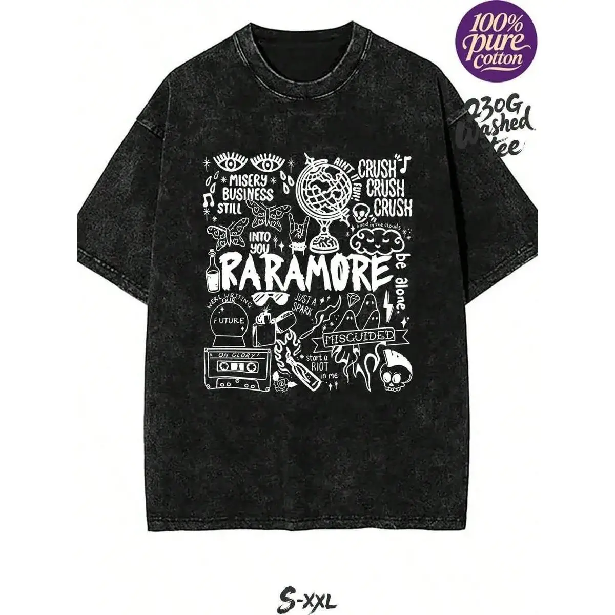180g[100%cotton]Vintage Paramore Doodle Art T‑Shirt, Misery Business Lyrics Washed Black Cotton Oversized Short Sleeve Tee, Retro Pop Punk Band Graphic Casual Crewneck Shirt