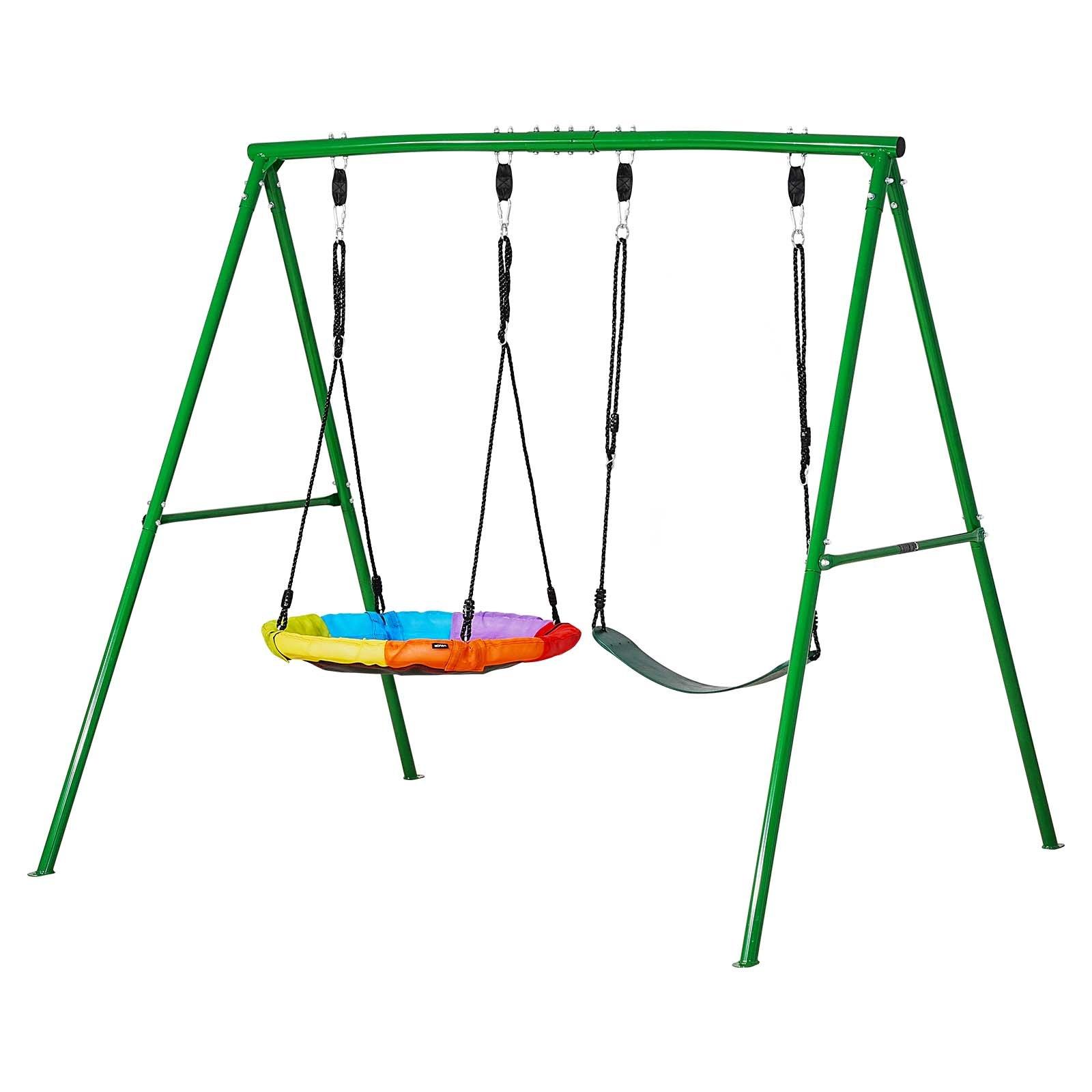 【Summerfinds】VEVOR Unisex Carbon Steel Backyard Playground Equipment, 32-in Adjustable Saucer & Belt Seats, Heavy-Duty A-Frame Stand, 440-lbs Load Capacity, Spiral Ground Anchor Reinforcement, Sturdy Swinging Outdoor Gear for Long-Term Use