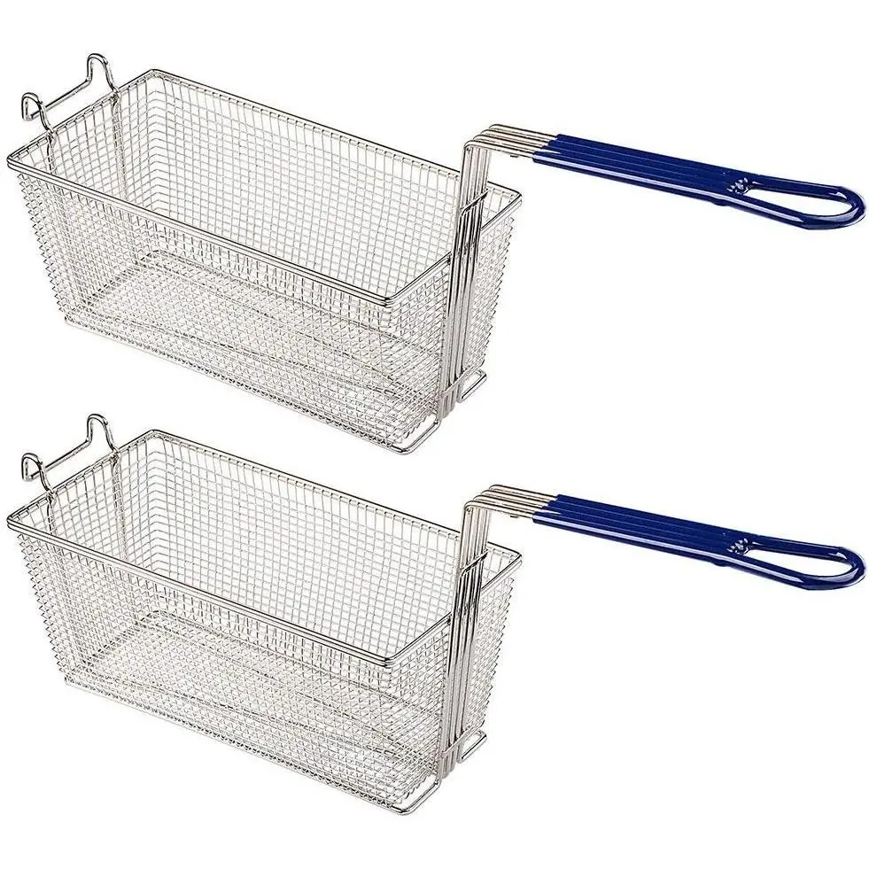 2-Piece Kitchen Rectangular Open Mesh Deep Fryer Baskets - Nickel-Iron Plated, Durable, Non-Slip Handle, Heavy Duty, 13.25in x 6.5in x 6in, Commercial Use