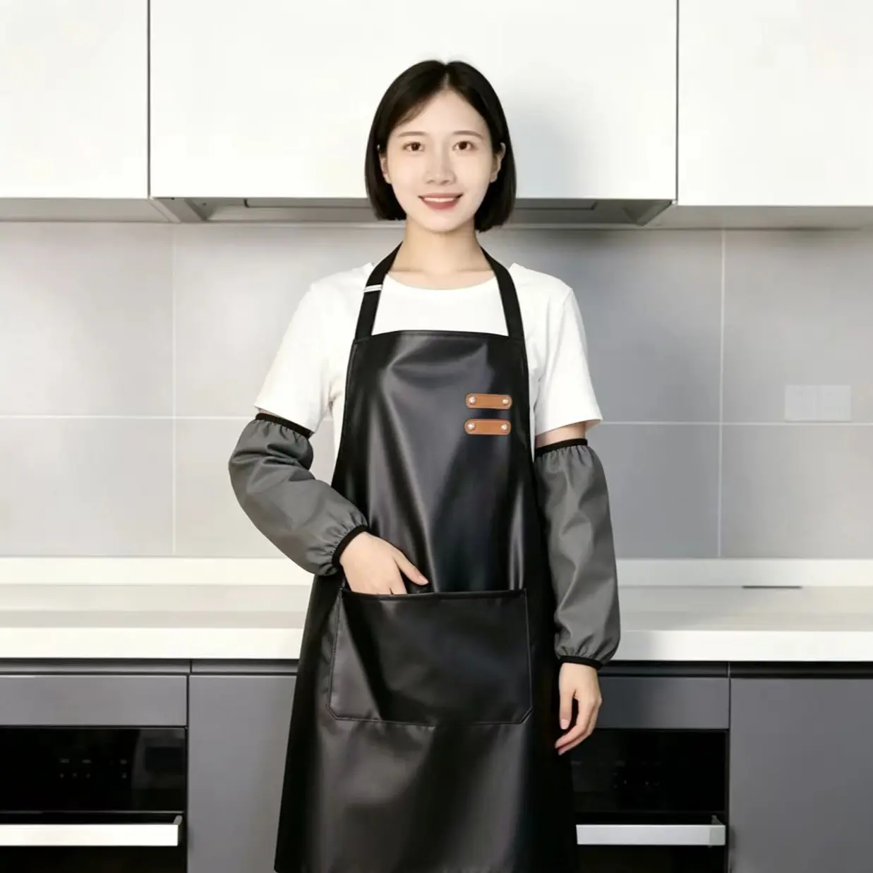 New Quality Apron and Sleeve Covers Set, PU Material, Easy to Clean, Zippered Pockets, Ideal for Chef, Home, BBQ, Server, Barber Shop