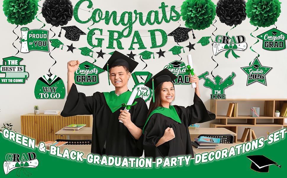 Green Graduation Decorations 2026, Graduation Decorations Class Of 2026 Green and Black Graduation Banner Graduation Congrats Grad Hanging Swirls for College Grad Party