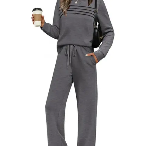 Women's Casual Two-Piece Set Outfit, Long-Sleeve Top & Pockets Trousers, Fall and Winter Clothes, Perfect for Home & Daily Wear