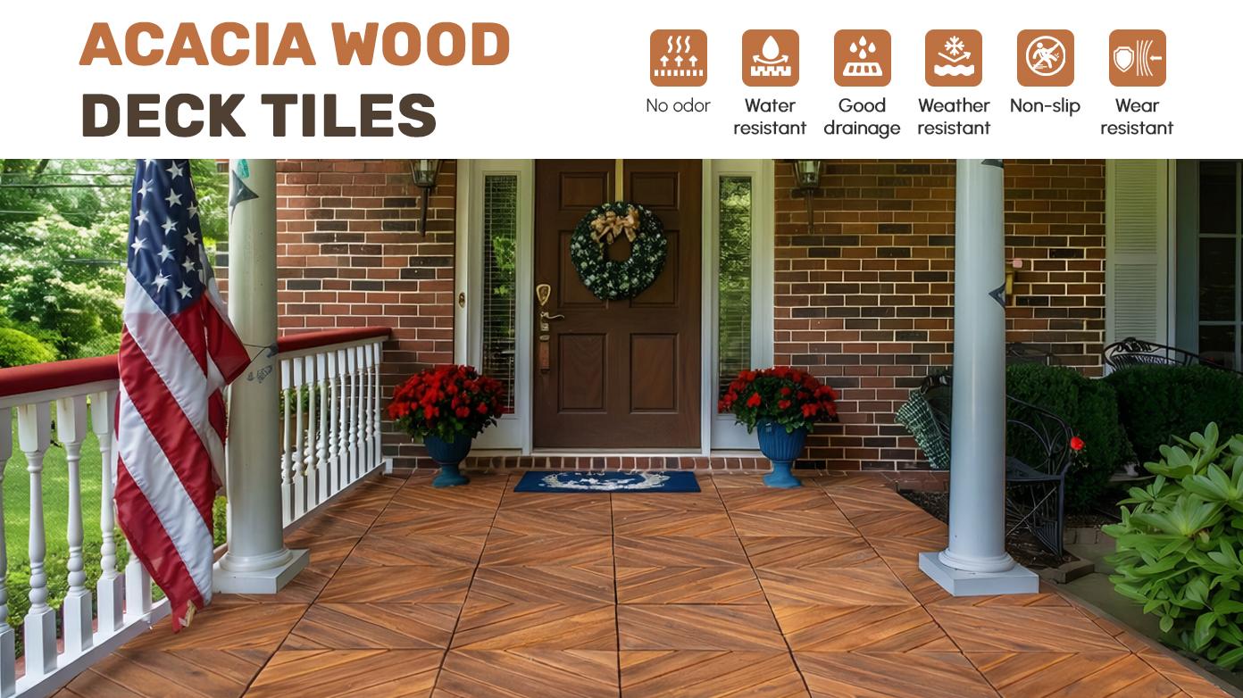 ARCH 27 PCS Interlocking Deck Tiles Diagonal Pattern, 12" x 12" Acacia Wood Tiles For Patio, Waterproof, All-Weather, Outdoor Decking For Garden, Pool, Balcony,...    RR