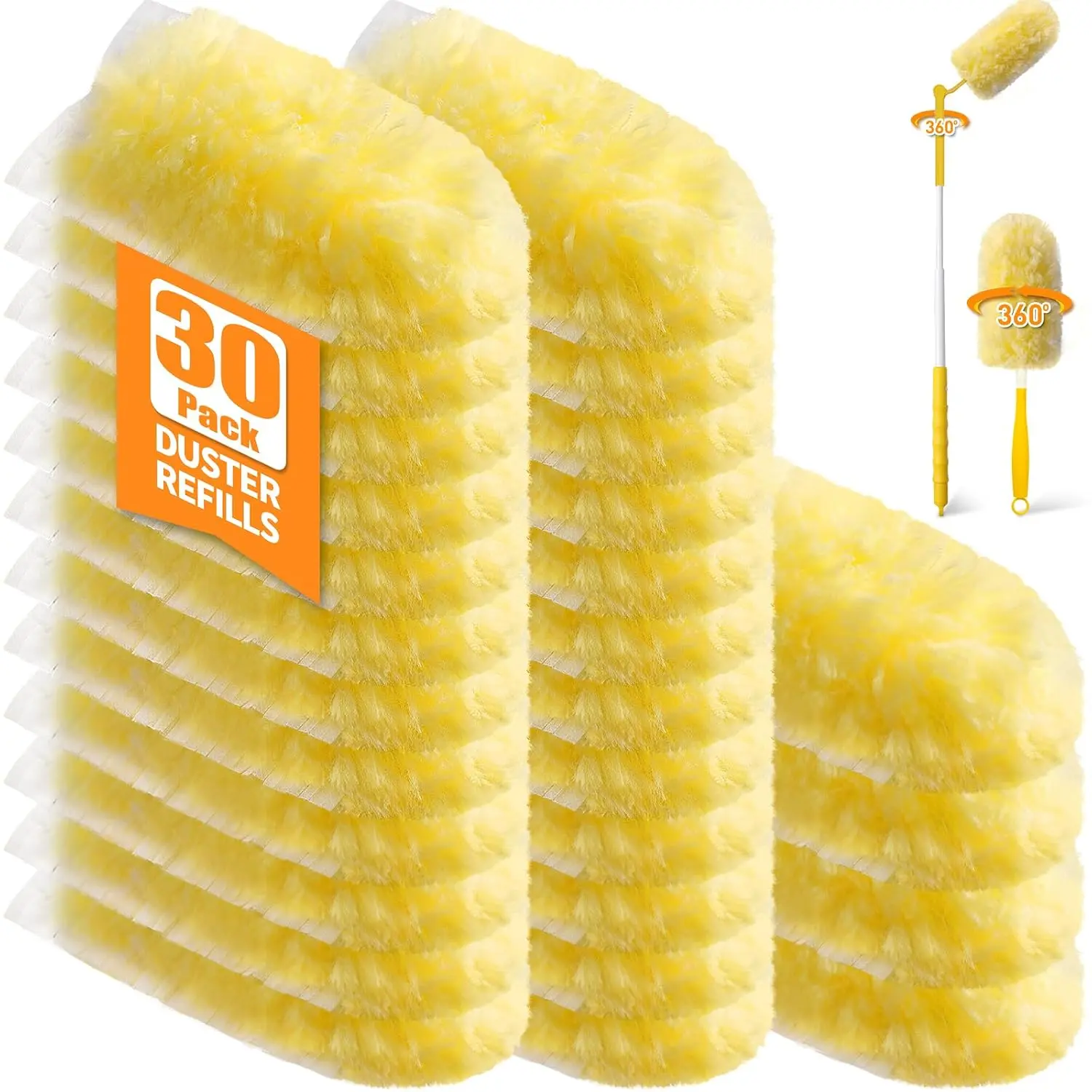30 Count 360° Heavy Duty Duster Refills, Compatible with Swiffer Duster, Includes 1 Short Handle & 1 3 ft Extendable Handle, 4X Microfiber Cleaning Dusters, Disposable Unscented