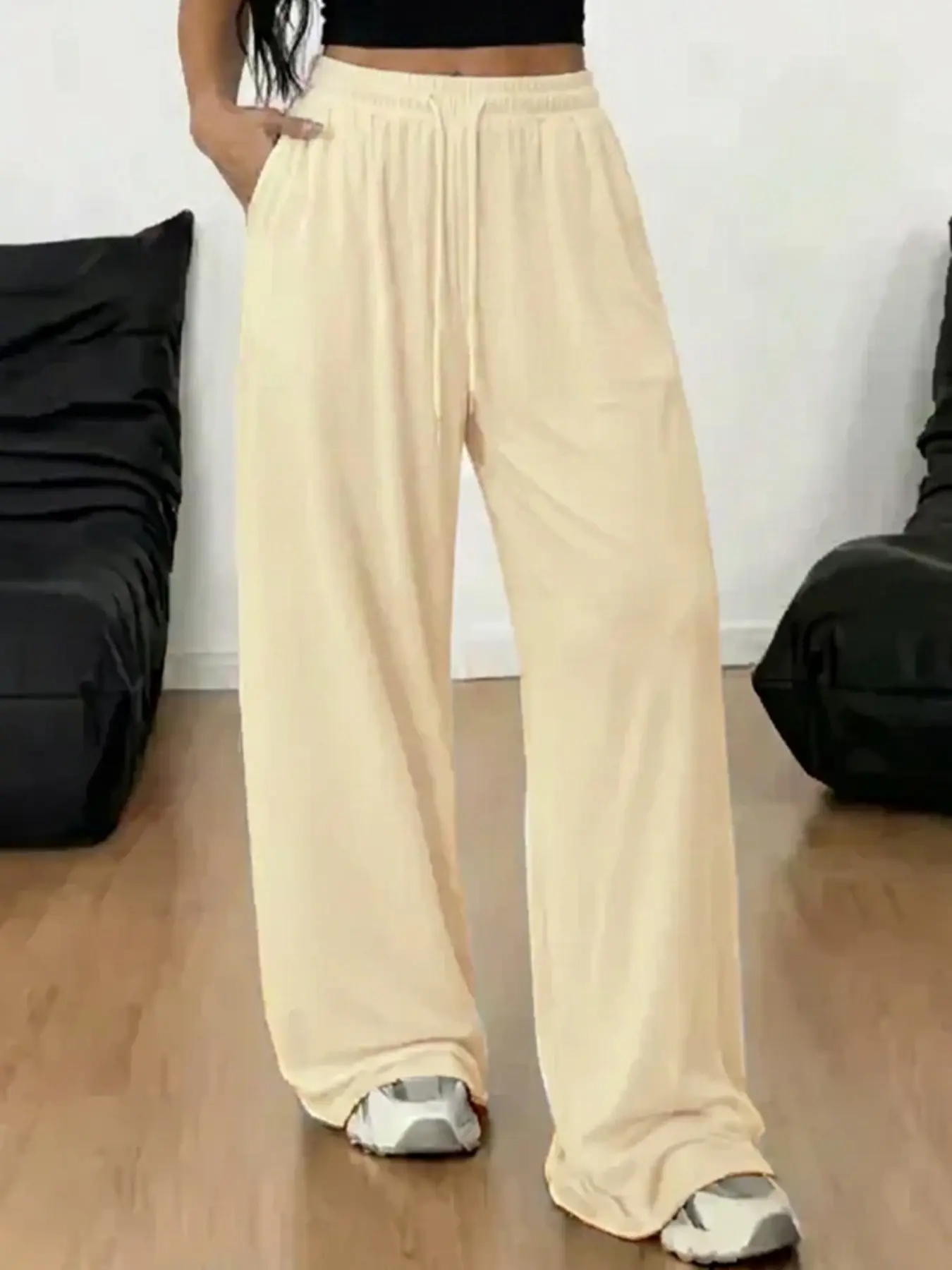 Women's Autumn Casual Solid Color Elastic Waist Drawstring Wide Leg Baggy Long Pants, Comfortable Thin Sweatpants for Daily Wear