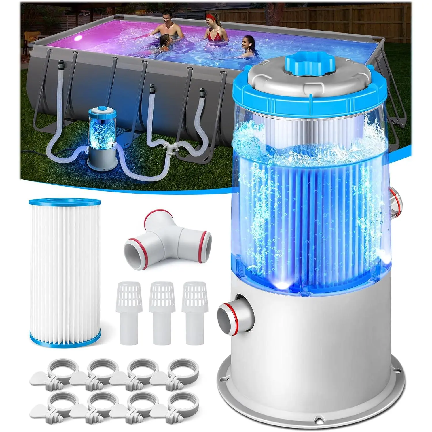 1000 GPH Light-Up Pool Filter Pump System for Above Ground Pool | -in Blue LED Light,Transparent Housing for Real-Time Water Circulation &Filtration , Pool  Filter Pump