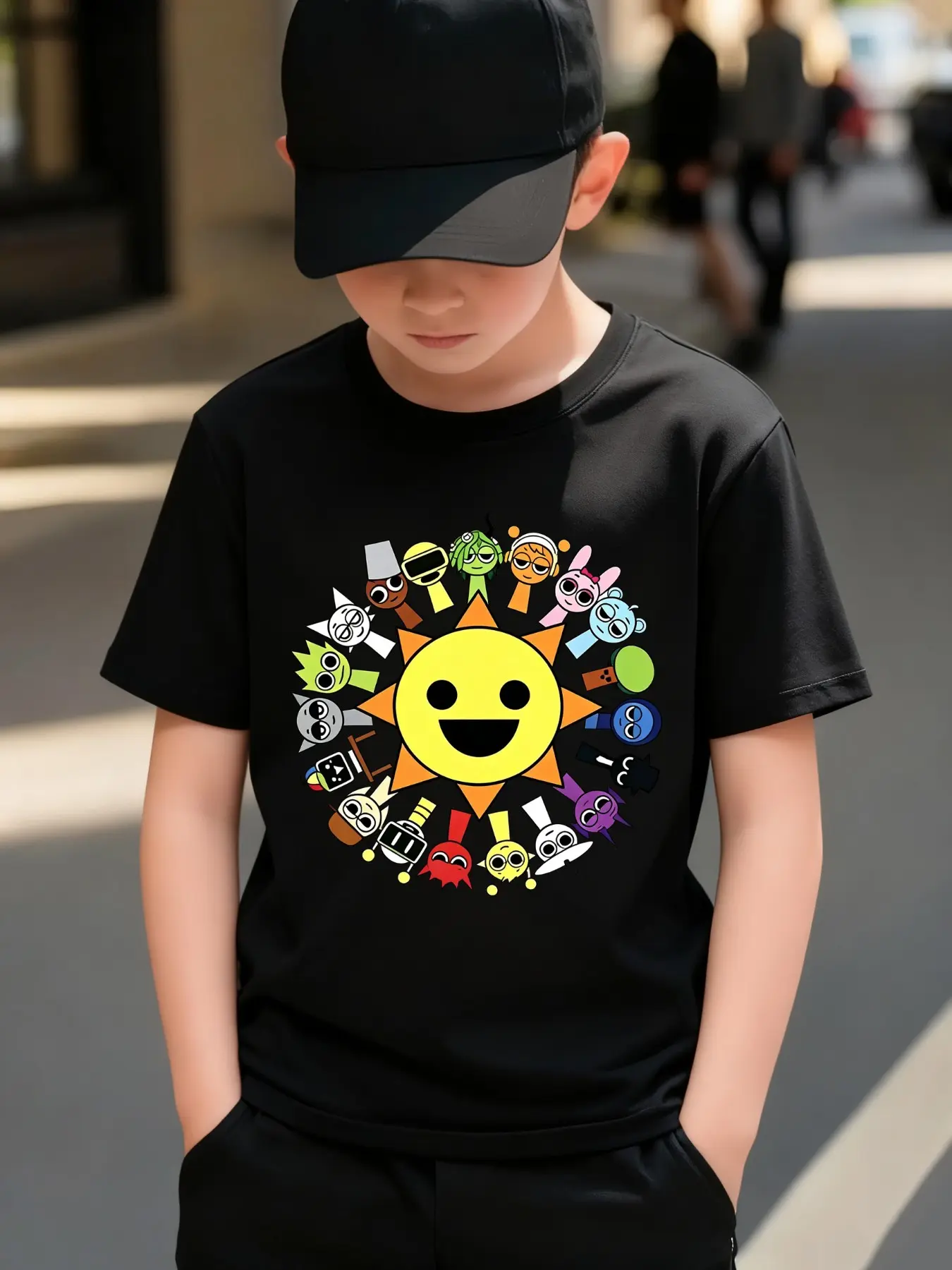 Fun Sprunki All Characters Sun Circle Print Boys' Black Tee, Loose & Breathable Fabric, Perfect for School, Trips and All Occasions!#New Kids Clothing #Boys Tees #Sprunki Game Merch #Versatile Kids Top