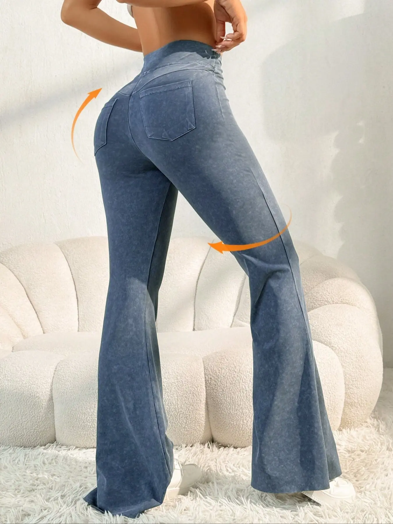 Women's High-Waisted Flare Pants with Pockets, Denim Look Yoga Outdoor Running Fitness Commuter Bootcut, Sporty Style All Seasons