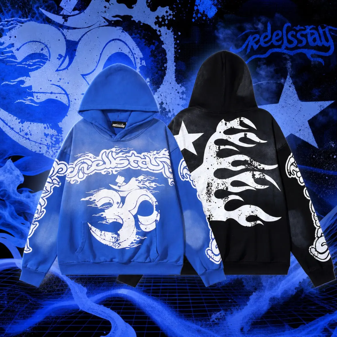 Hell Blue Star Hoodie Y2K Streetwear Vintage Washed Oversized Hoodie Graphic Pullover Sweatshirt Unisex Hip Hop Casual Top For Men Women Retro Street Fashion Loose Fit Hoodie Fall Winter Outfit Back To School Trendy Aesthetic Apparel