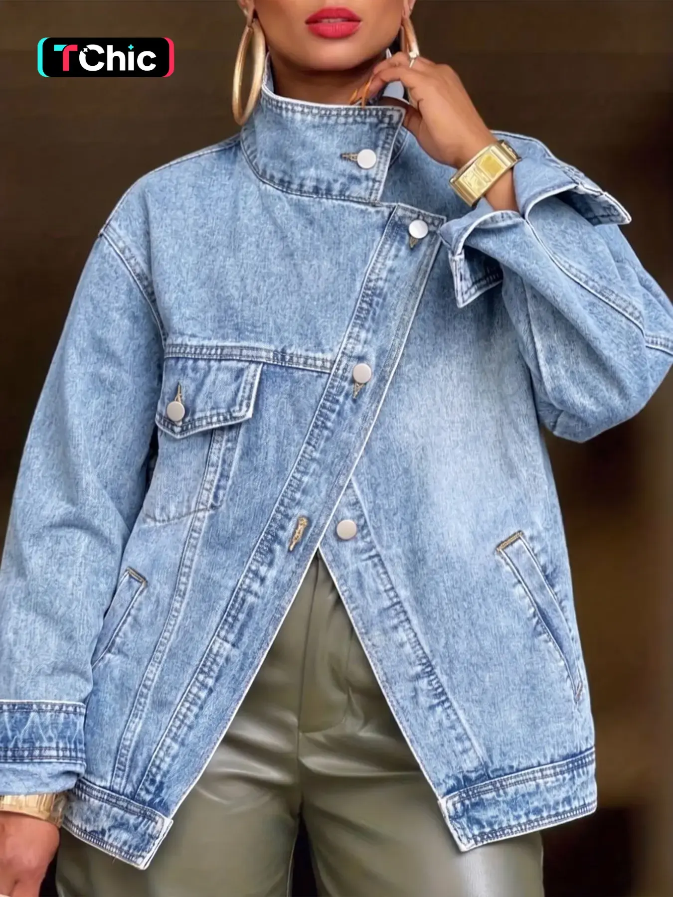 Women's Asymmetrical Stand Collar Denim Jacket, Long Sleeve Fashion Coat for Spring & Fall, Casual Daily Wear Outerwear