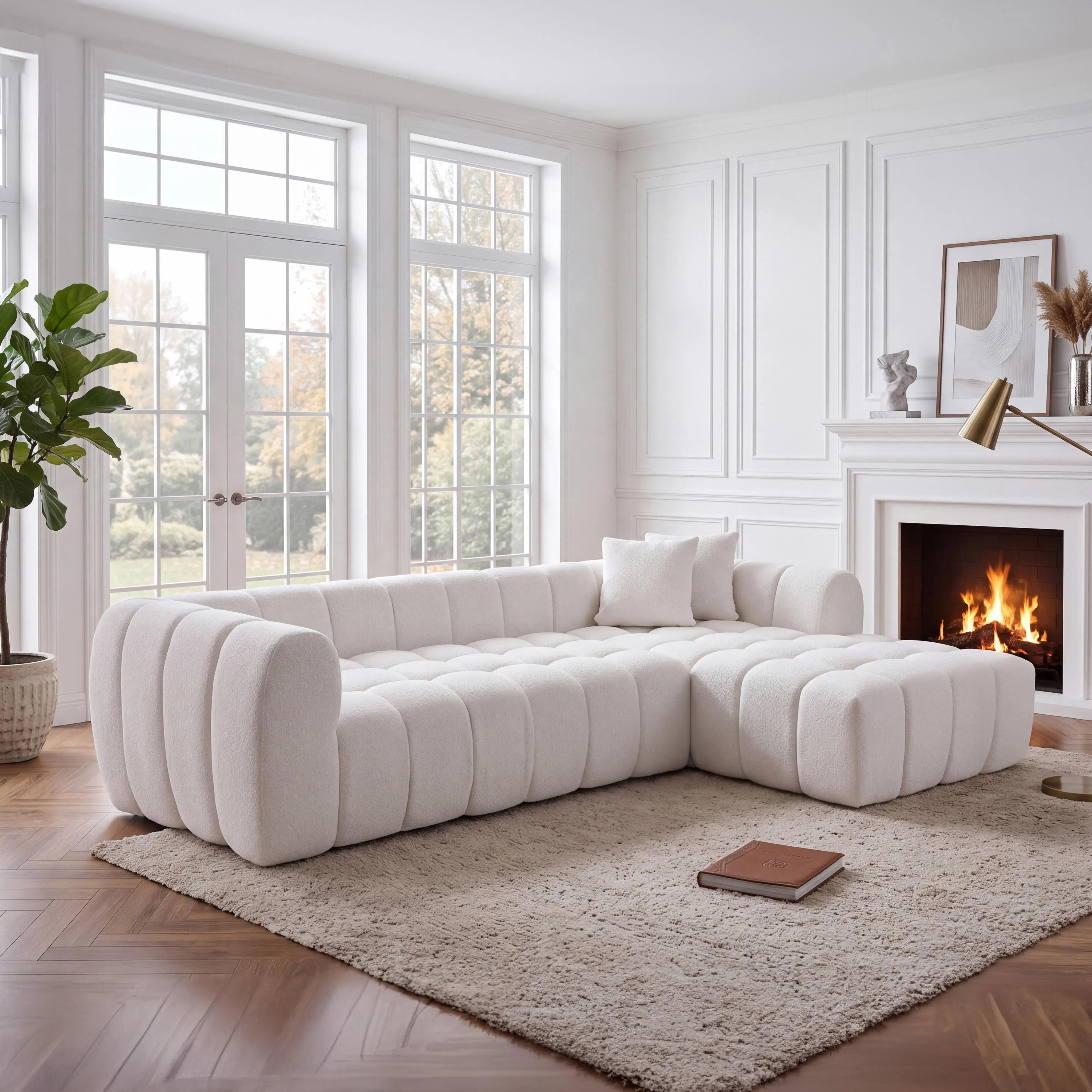 Linsy 111.3 in White Boucle 4-Seat L-Shape Modular Sectional Sofa, Oversized Cloud-Like Compressed Foam Couch with Tufted Cushions and Plush Backrest for Living Room, No Assembly, Vacuum Packed Two-Box Delivery for Apartments and Condos