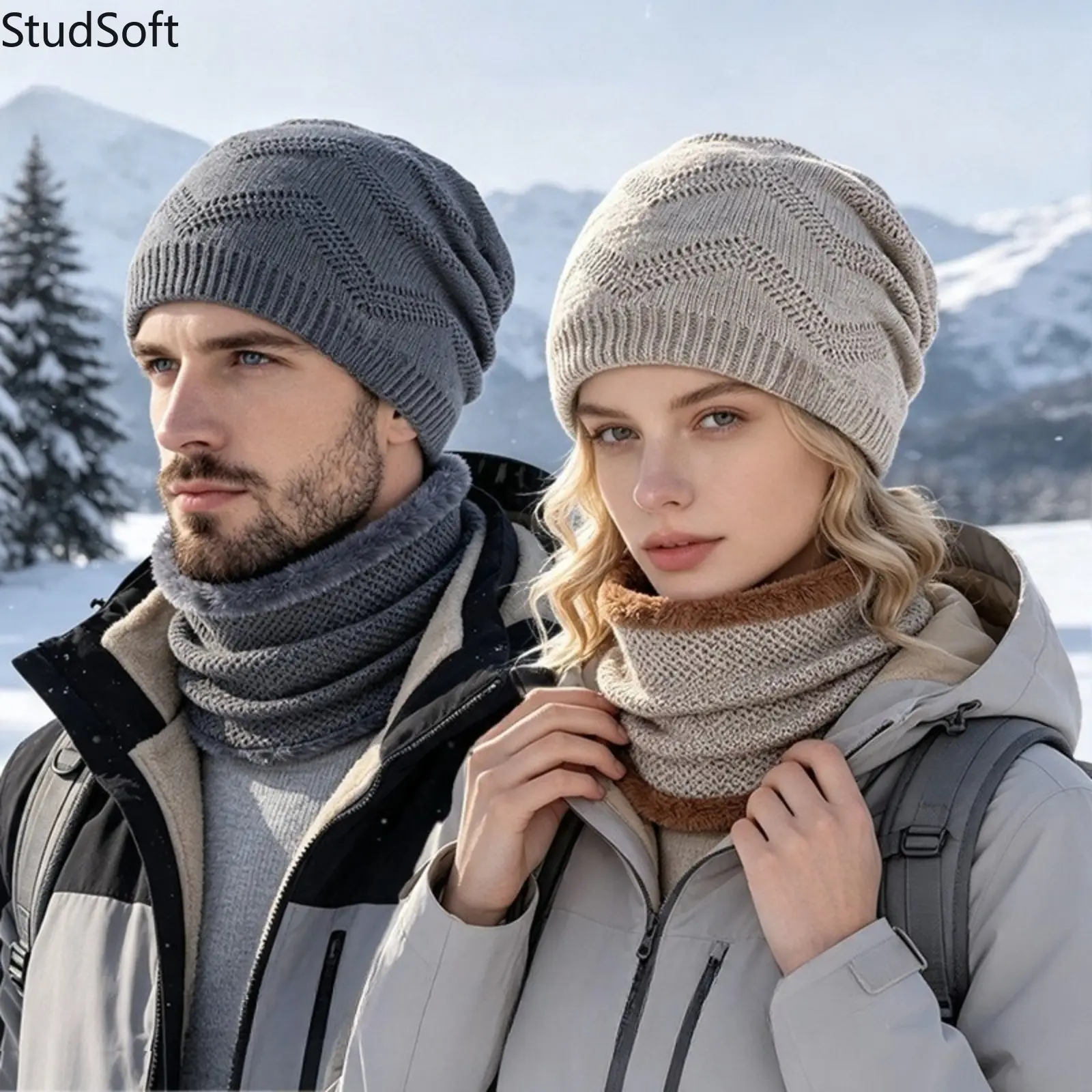 2PCS Unisex Winter Knit Beanie Hat Neck Warmer Set Slouchy Couples Ribbed Cap Thick Thermal Chevron Wave Pattern Bonnet Scarf Pack for Men Women Ski