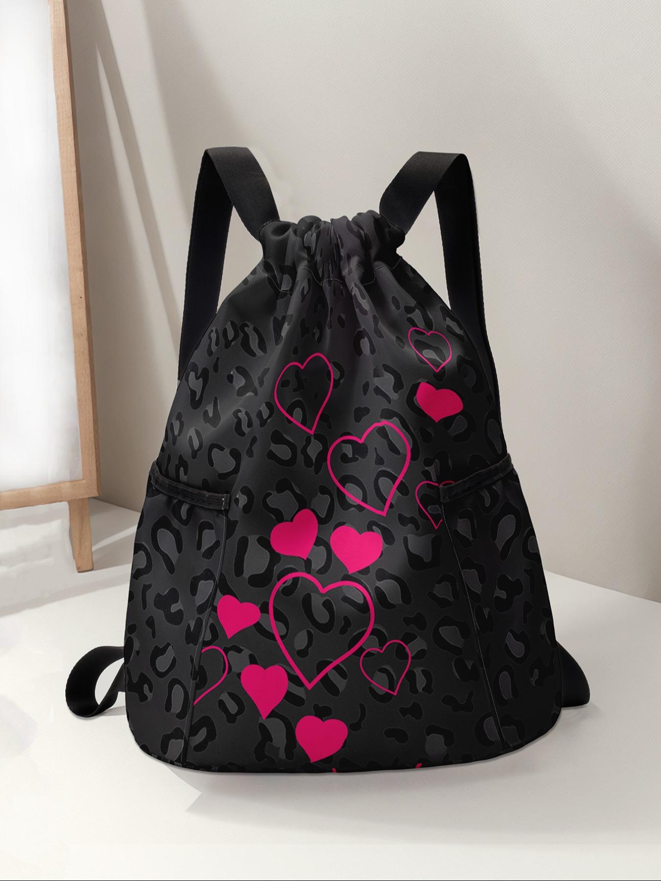 Heart Pattern Drawstring Backpack, Large Capacity Durable Gym Bag, Outdoor Sports Bag, Adjustable Shoulder Straps, Casual Travel Hiking Camping Bag