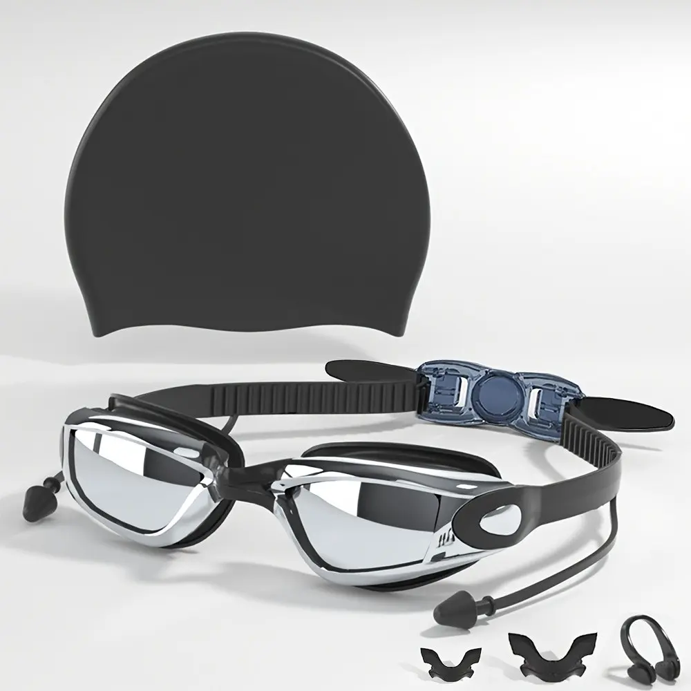 4-In-1 Swimming Goggles & Swim Cap Set, Anti-Fog Waterproof Goggles, Nose Clip Ear Plugs, Comfortable Diving Accessories, Pool Goggles