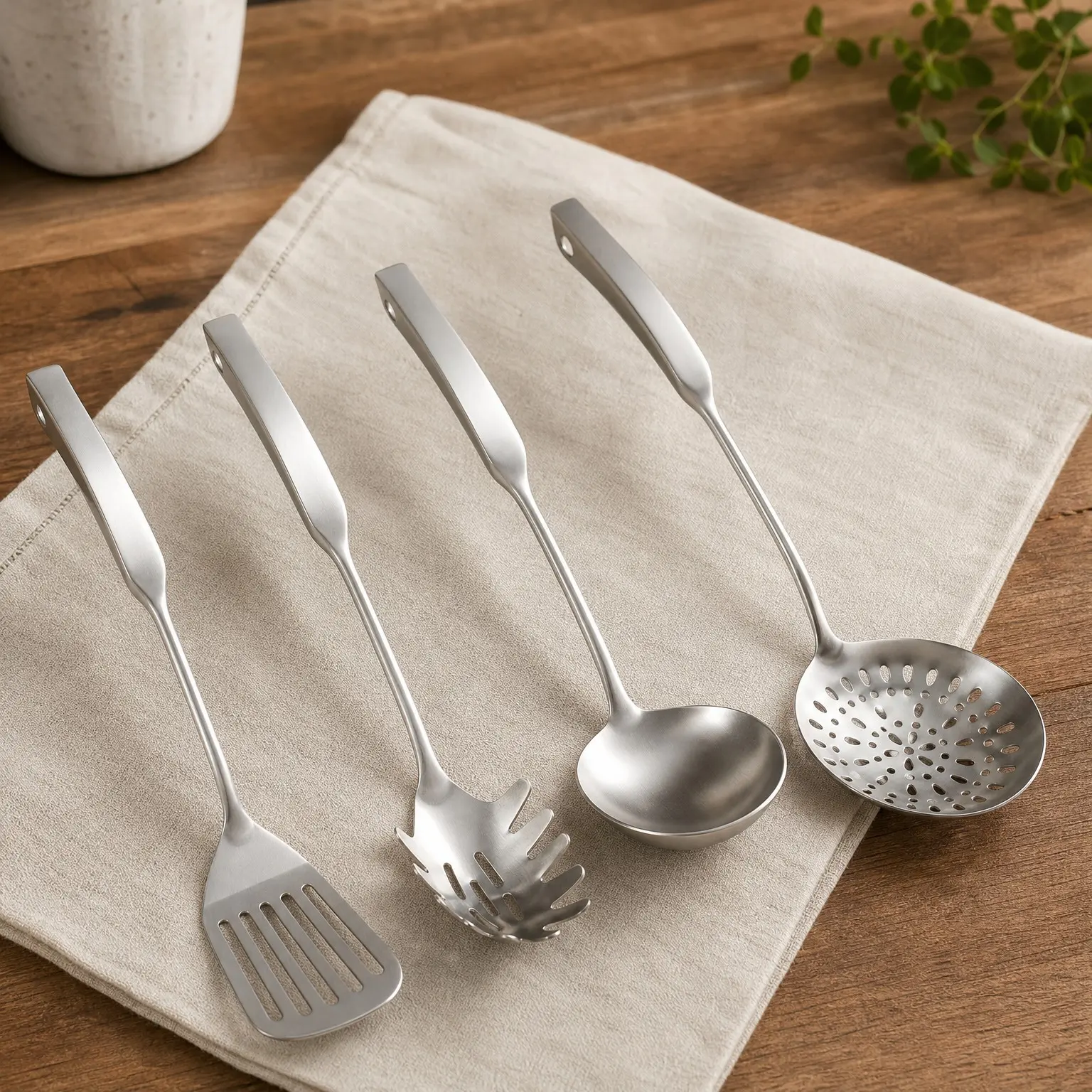 4-Piece 304 Stainless Steel Cooking Utensils Set, Includes Soup Ladle, Slotted Skimmer Spoon, Spaghetti Spoon & Spatula, Dishwasher Safe Metal Kitchen Accessories