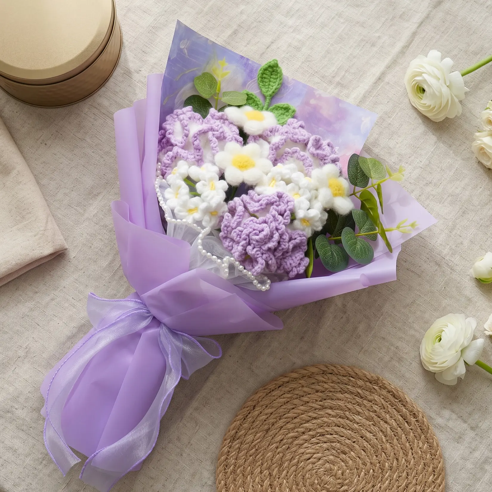 Handmade Purple/Orange Flower Bouquet Gift Set with Best Wishes Card & Gift Bag, Handwoven Yarn Floral Arrangement for Birthdays, Celebrations, Special Occasions