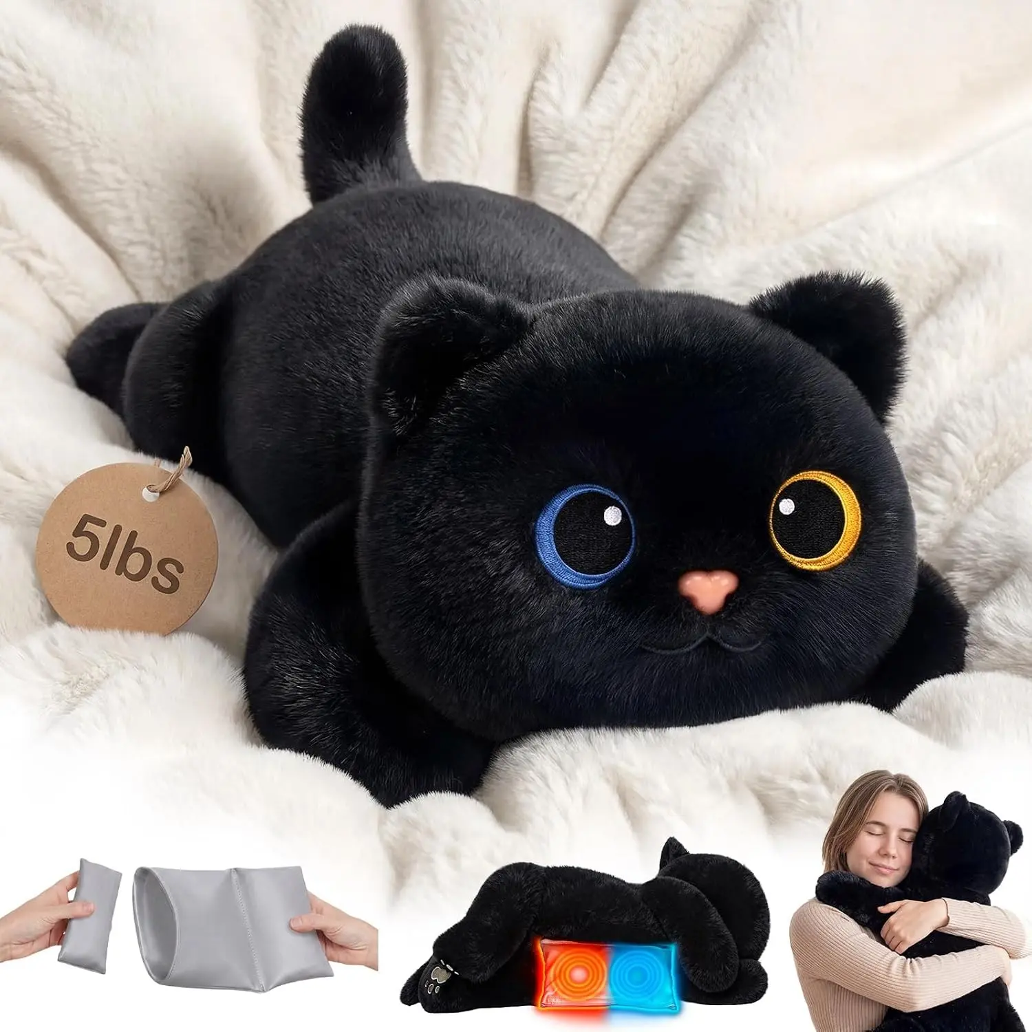 5 lbs Adjustable Heatable & Coolable Weighted Stuffed Animal, 23 in Plush with Realistic Hug Feel, Microwavable Removable Inner Pad, Black Cat Gift for Adults