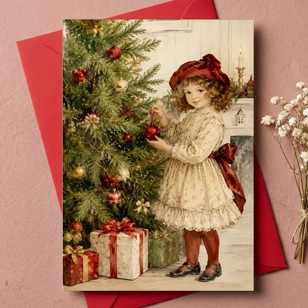 Vintage Christmas Cards, Classic Holiday Stationery, Rustic Tree Scenes, Ornaments, Wrapped Gifts, Perfect for Festive Mailings