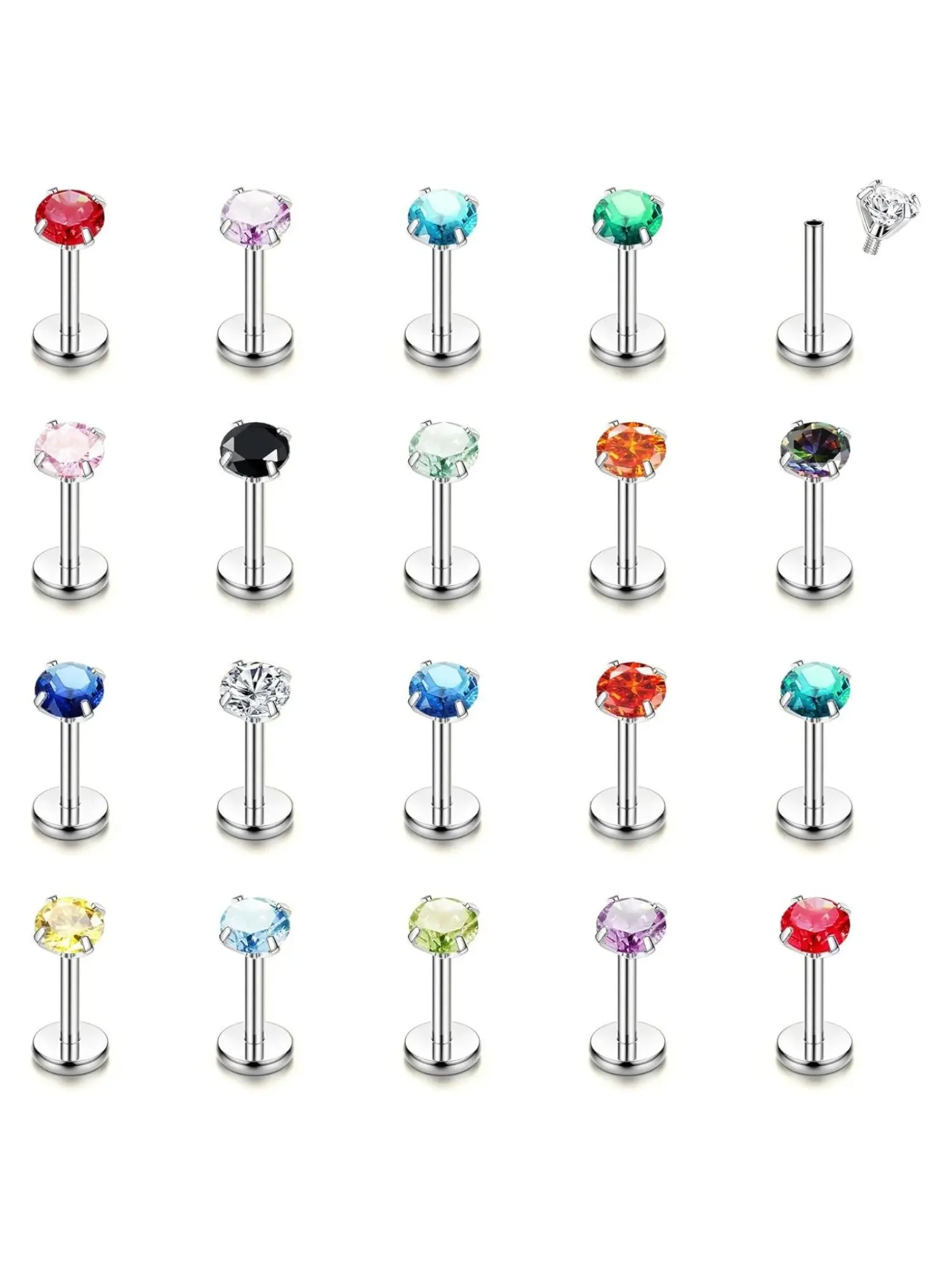 20Pcs 16G Surgical Steel Labret Piercing with Zircon 3MM Lip Labret Studs Piercing Tragus Helix Cartilage Ear Piercing for Women Men Silver Gold Vertical Labret 6/8/10mm Body Piercing Jewelry Body Piercings Set
