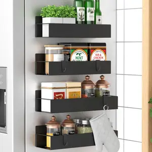 4-piece metal magnetic condiment storage rack, suitable for refrigerators and ovens, black refrigerator storage rack and shelf, made of metal