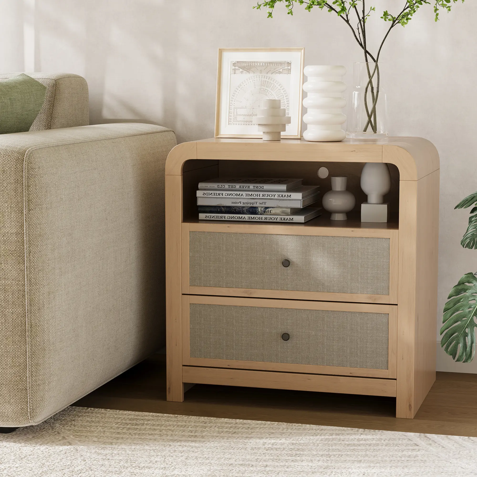 Nightstand with Charging Station, 23'' Wide Modern Wood Night Stand  2 Drawers & Open Shelf with USB/Type-C Ports, Wooden Bedside End Table for Bedroom, Entryway