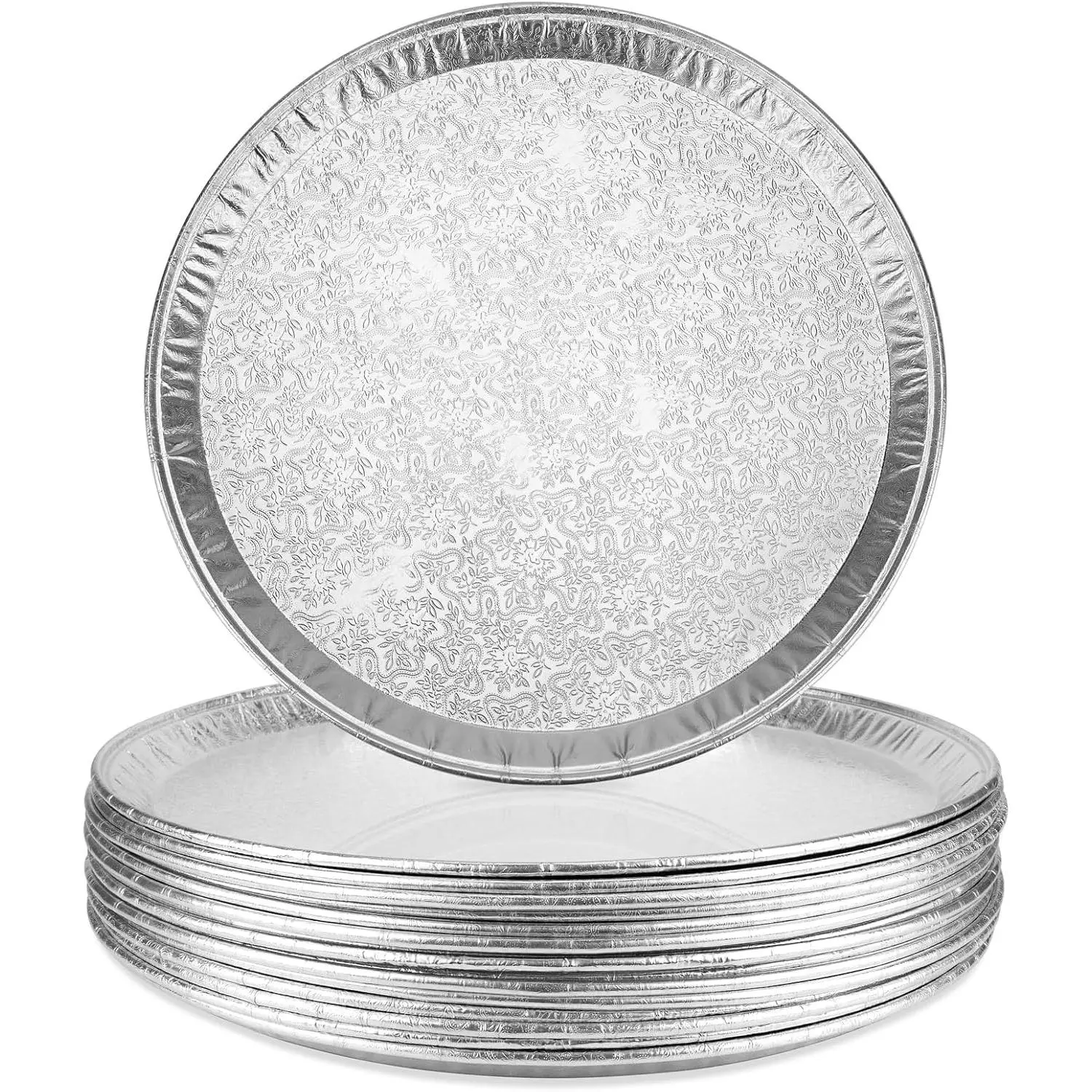 15 Pack Serving Platters 16”, Large Disposable Aluminium Foil Serving Trays for Parties, Silver Embossed Foil Serving Dishes/Plates for Vegetable, Fruit, Slices of Cake, Cookies