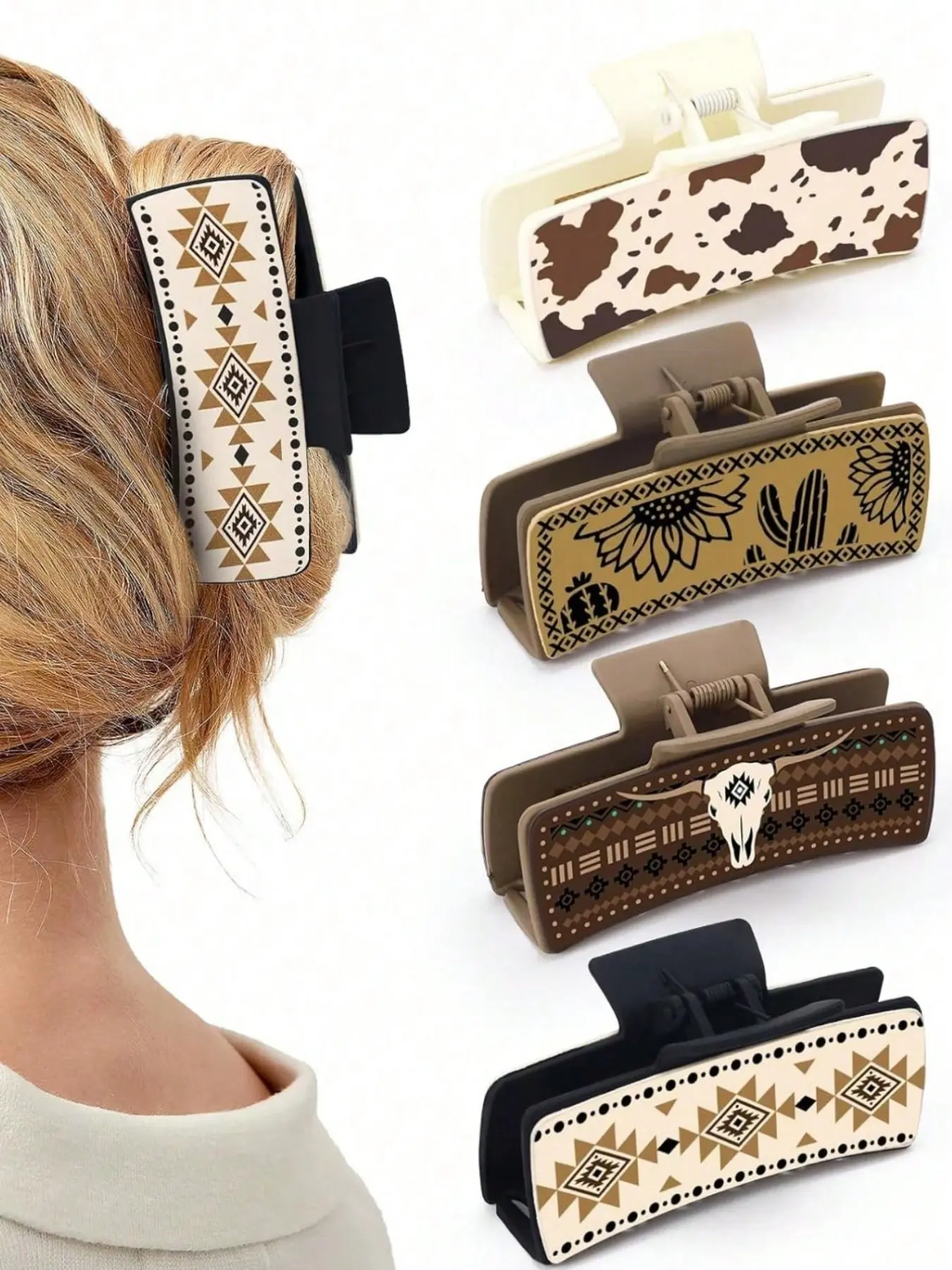 4pcs Western Leather Claw Clip With Sunflower Flower, Southwest Cow Print Leather Hair Accessory, Large Hair Clip, Western Cowgirl Supplies, Gift For Women And Girls, Boho Hair Clip, Flower Hair Clips, Hair Accessory