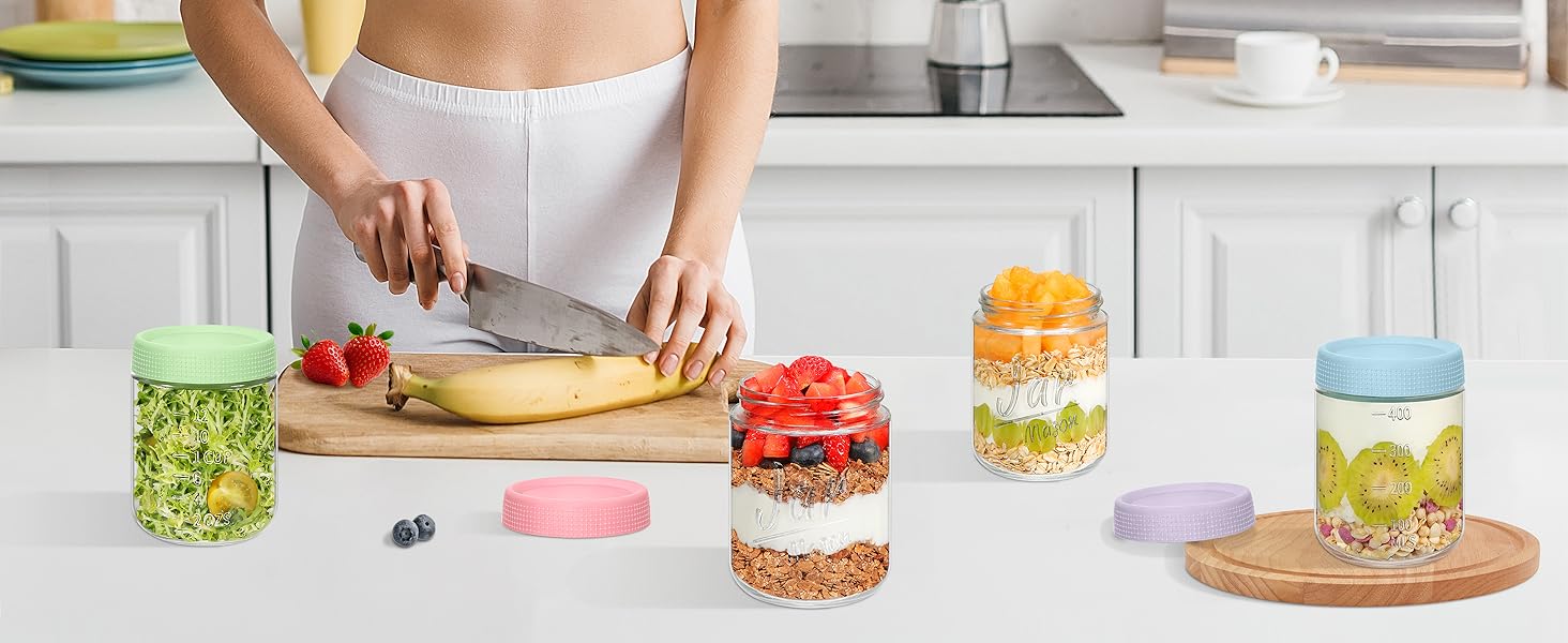 4-Pack 16oz Overnight Oats Containers with Airtight Lids - Jars with Measurement Marks for Yogurt, Meal Prep & Chia Pudding, Stackable & Leakproof