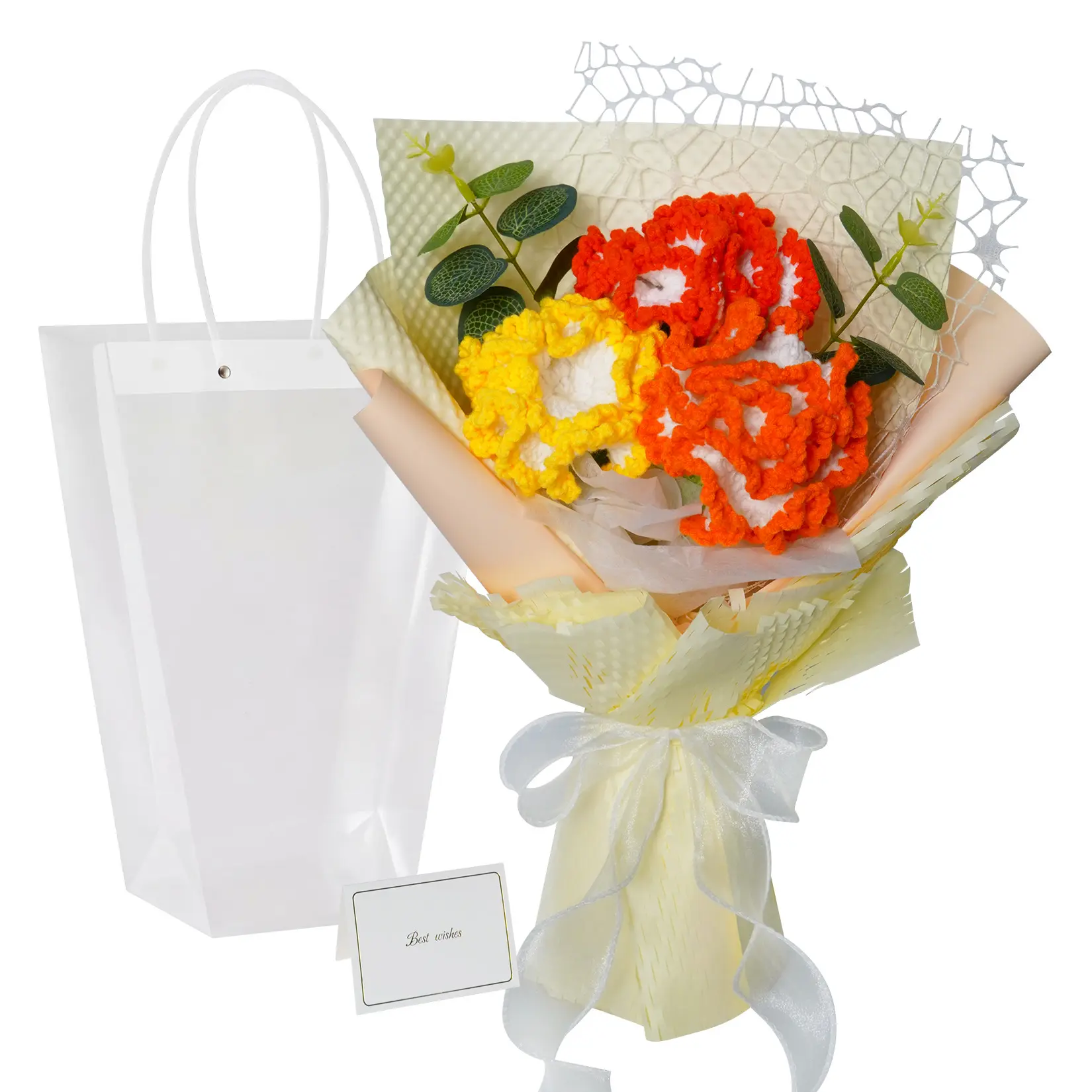 Handmade Woven Flower Bouquet Set with Greeting Card and Gift Bag Crochet Knitted Artificial Flowers for Mother Day Birthday Anniversary Home Decor Gift Ideas