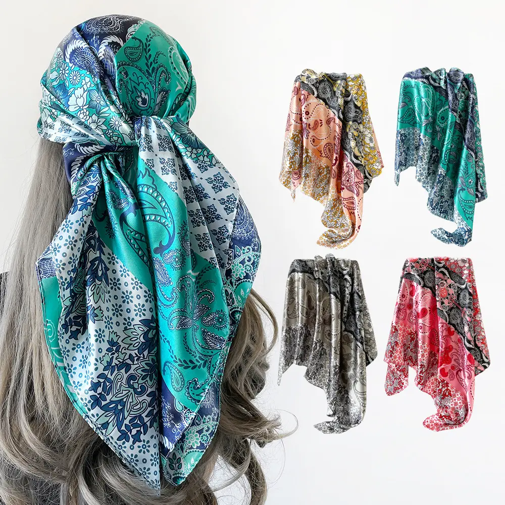 Women's 90cm Satin Shawl - Color Block Cashew Print Practical Large Square Headwrap, Satin Scarf for Hair, Daily Wear & Outdoor Sports Accessory, Fashion Headscarf, Teal, Female, Sports & Outdoor