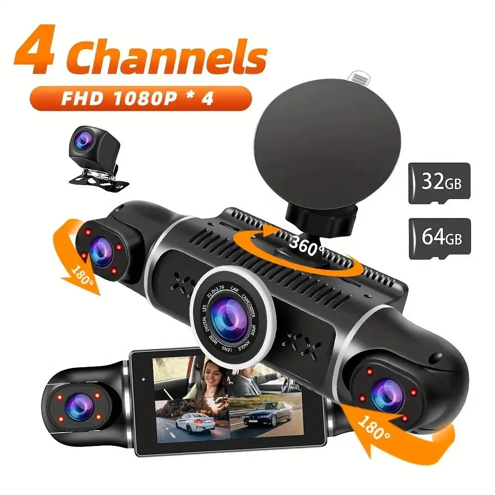 4 Channel Dash Cam Front Rear Left Right Car Camera FHD 1080P Recording WiFi GPS Night Vision G-Sensor Loop Recording 3 Inch IPS Screen Parking Monitor Free 64GB SD Card Included
