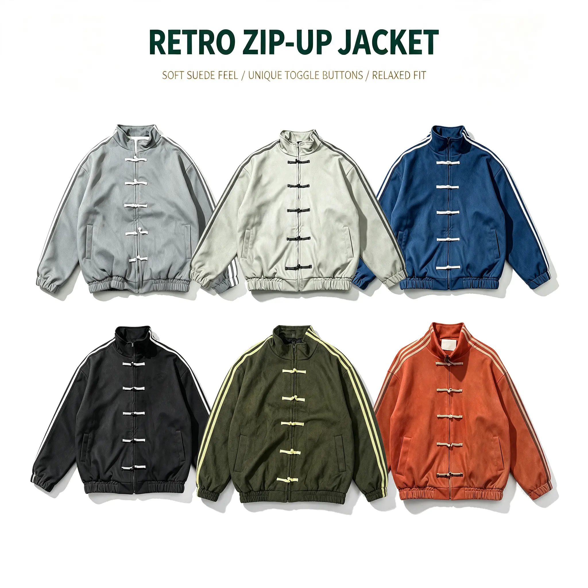 Inkhausstore-Inkvaultarchive Retro Chinese Frog Button Stand‑Collar Suede Feel Zip‑Up Jacket