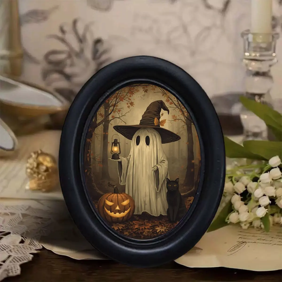 Vintage Forest Halloween Ghost Witch Cat Pumpkin Art Frame, Gothic Wall Decor for Home Office, Perfect for Halloween Christmas Thanksgiving