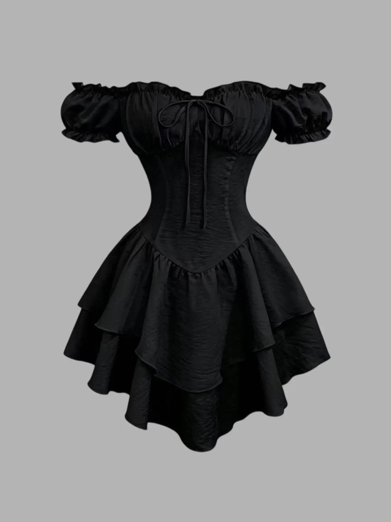 Off-Shoulder Bow Tie Waist Dress, Short Sleeve Puff Sleeve Ruffle Bustier Skirt, Fishbone Waist Slimming Asymmetrical Layered Hem