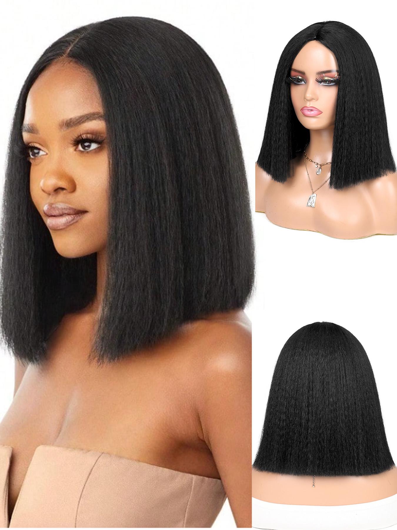 12 Inches Kinky Straight Bob Wig Black Yaki Bob Wig 