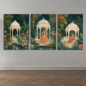 Indian Mughal Garden Triptych Canvas Wall Art, Traditional Peacock & Dancer Print, Vibrant Cultural Decor for Living Room Bedroom Dining Room Office, Available as Unframed Canvas Poster or Framed Canvas Wrap