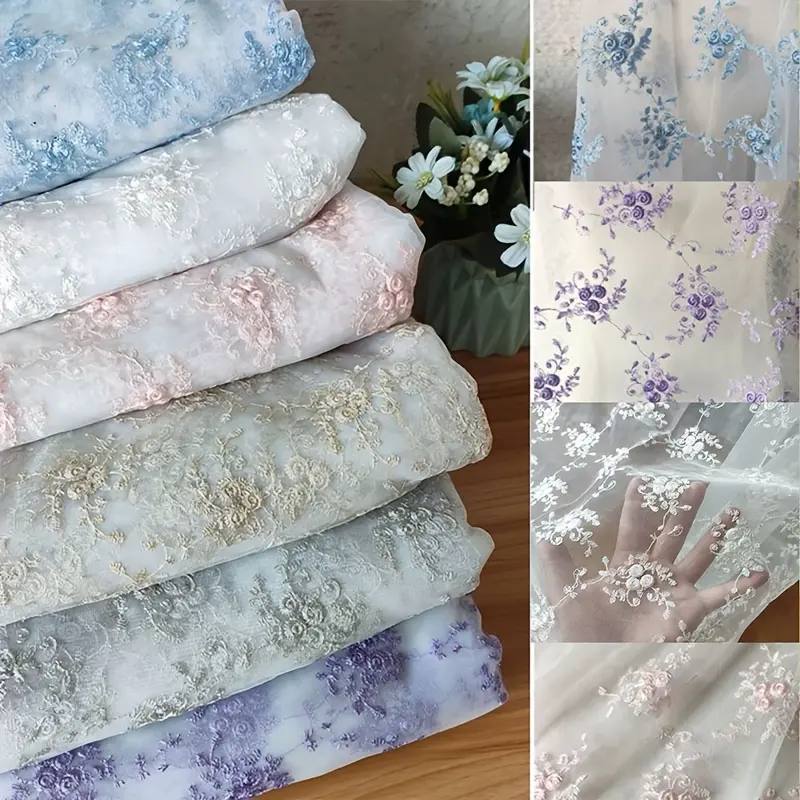 White floral embroidered tulle fabric by the yard, 3D flower mesh lace fabric for wedding dresses, bridal veils, and DIY sewing craft decor